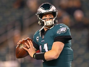Quarterback Carson Wentz of the Philadelphia Eagles warms up before taking on the Washington Redskins at Lincoln Financial Field on December 3, 2018 in Philadelphia. (Mitchell Leff/Getty Images)