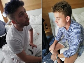 In this combo photo released by Italian Carabinieri, Gabriel Christian Natale Hjorth, right, and Finnegan Lee Elder, sit in their hotel room in Rome.