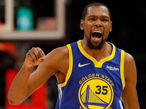 Kevin Durant of the Golden State Warriors reacts against the Atlanta Hawks at State Farm Arena on Dec. 3, 2018 in Atlanta, Ga.  (Kevin C. Cox/Getty Images)