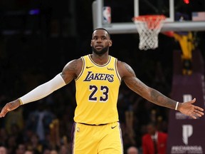 LeBron James #23 of the Los Angeles Lakers looks on during the first half of a game against the Los Angeles Clippers at Staples Center on March 04, 2019 in Los Angeles, California.
