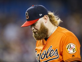 Andrew Cashner of the Baltimore Orioles comes off the mound against Toronto Blue Jays at the end of the sixth inning during their game at the Rogers Centre on July 6, 2019 in Toronto. (Mark Blinch/Getty Images)