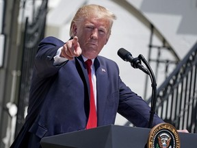 U.S. President Donald Trump takes questions from reporters during his 'Made In America' product showcase at the White House July 15, 2019 in Washington, DC.