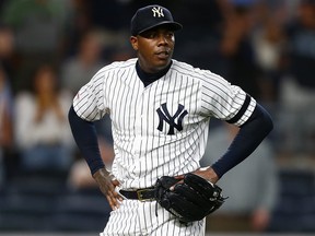 New York Yankees' Aroldis Chapman reacts after giving up a three-run home run to Travis d'Arnaud of the Tampa Bay Rays in the ninth inning at Yankee Stadium on July 15, 2019 in New York City. (Mike Stobe/Getty Images)
