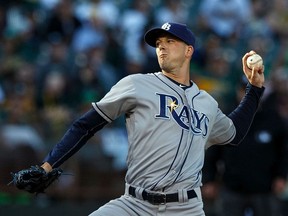 Drew Smyly of the Tampa Bay Rays pitches against the Oakland Athletics during the second inning at the Oakland Coliseum on July 23, 2016 in Oakland, California.