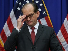 U.S. Labor Secretary Alexander Acosta makes a statement on his involvement in a non-prosecution agreement with financier Jeffrey Epstein, who has now been charged with sex trafficking in underage girls, during a news conference at the Labor Department in Washington, D.C., July 10, 2019.