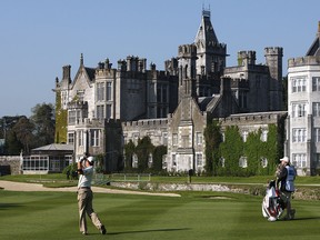 Padraig Harrington plays his second shot on the 15th fairway during the Irish Open at the Adare Manor in Limerick, Ireland, on May 15, 2008. (PETER MUHLY/AFP/Getty Images)