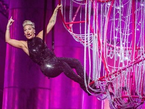 US singer Pink performs on the stage of the Paris-La Defense Arena during a concert as part of her 'Beautiful Trauma World Tour 2019', in Nanterre, near Paris, on July 3, 2019.