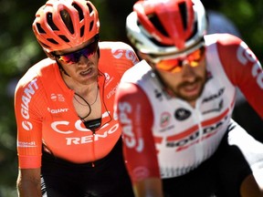Belgium's Thomas De Gendt (R) and Italy's Alessandro De Marchi ride in a breakaway during the eighth stage of the 106th edition of the Tour de France cycling race between Macon and Saint-Etienne, on July 13, 2019.