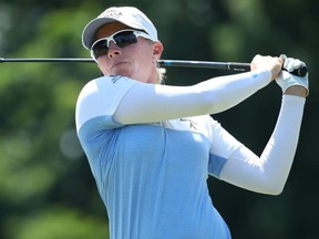 Canada's Alena Sharp watches her drive on the 15th hole during the first round of the LPGA's Marathon Classic presented by Dana at the Highland Meadows Golf Club in Sylvania, Ohio, on Thursday, July 11, 2019.