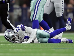 Allen Hurns of the Dallas Cowboys lays on the field after being injured against the Seattle Seahawks at AT&T Stadium on January 05, 2019 in Arlington, Texas. (Tom Pennington/Getty Images)