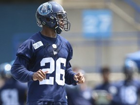 Argos defensive back Kevin Fogg, running through drills at Lamport Stadium on Wednesday, spent three seasons in the Blue Bombers secondary.