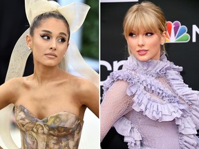 Ariana Grande (L) and Taylor Swift are seen in file photos.