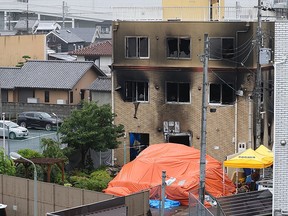 An overview of the Kyoto Animation studio which was set on fire, killing at least two dozen people in Kyoto on July 19, 2019. (JIJI PRESS/AFP/Getty Images)