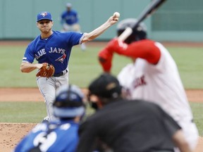 Toronto Blue Jays starting pitcher Thomas Pannone throws a pitch against the Boston Red Sox in the first inning at Fenway Park.