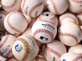 Detail of baseballs during batting practice to the MLB opening day game between the San Francisco Giants and the Arizona Diamondbacks at Chase Field on April 2, 2017 in Phoenix. (Christian Petersen/Getty Images)