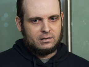 In this Oct. 31, 2017 file photo, Joshua Boyle speaks to the media after arriving at the Pearson International Airport in Toronto.