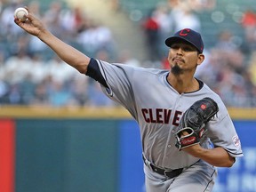 Starting pitcher Carlos Carrasco of the Cleveland Indians delivers the ball against the Chicago White Sox at Guaranteed Rate Field on May 30, 2019 in Chicago. (Jonathan Daniel/Getty Images)