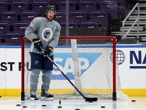 Michael Del Zotto of the St. Louis Blues looks on during a practice ahead of Game 3 of the Stanley Cup final at Enterprise Center on May 31, 2019 in St Louis. (Bruce Bennett/Getty Images)