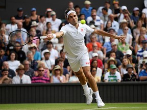 Switzerland's Roger Federer in action during his quarter-final match against Japan's Kei Nishikori on July 10, 2019.