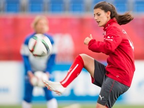 In this file photo taken on June 13, 2015, Swiss Florijana Ismaili takes part in a training session at the FIFA Women's World Cup at Clark Stadium in Edmonton.