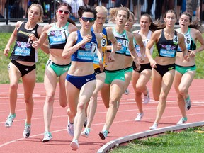 Gabriel Debues-Stafford (7) leads the pack to win the women's 1,500-metre race at the Canadian Championships in Montreal on Sunday, July 28, 2019. To Debues-Stafford's left are silver medallist Jenna Rae Westaway (8) and bronze medallist Mariah Kelly (1).