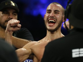 Maxim Dadashev of Russia celebrates after being declared the winner of a super lightweight bout against Antonio de Marco of Mexico at Park Theater at Monte Carlo Resort and Casino in Las Vegas on October 20, 2018 in Las Vegas. (Steve Marcus/Getty Images)