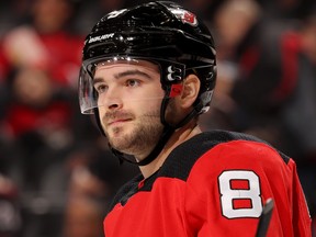 New Jersey Devils' Will Butcher looks on before a face off against the Minnesota Wild at Prudential Center on Feb. 9, 2019 in Newark, N.J. (Elsa/Getty Images)