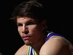 Kyle Korver of the Utah Jazz sits on the bench during a time-out from the first half of the NBA game against the Phoenix Suns at Talking Stick Resort Arena on March 13, 2019 in Phoenix, Ariz.