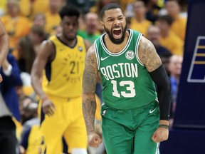 Marcus Morris of the Boston Celtics celebrates against the Indiana Pacers in game four of the first round of the 2019 NBA Playoffs at Bankers Life Fieldhouse on April 21, 2019 in Indianapolis, Ind.  (Andy Lyons/Getty Images)