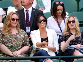 Meghan Markle, Duchess of Sussex, watches on during the ladies' Singles Second round match between Serena Williams and Kaja Juvan's Wimbledon match at the All England Lawn Tennis and Croquet Club on July 4, 2019 in London. (Laurence Griffiths/Getty Images)