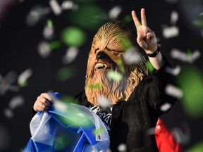 Lewis Capaldi comes on stage wearing a Chewbacca mask to perform on the main stage during the TRNSMT Festival at Glasgow Green on July 14, 2019 in Glasgow, Scotland. Jeff J Mitchell/Getty Images