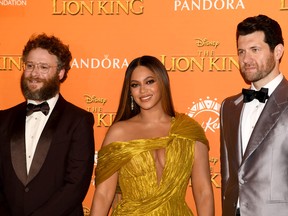 Seth Rogen, left, Beyonce Knowles-Carter, middle, and Billy Eichner attend the European Premiere of Disney's "The Lion King" at Odeon Luxe Leicester Square on July 14, 2019 in London. (Gareth Cattermole/Getty Images for Disney)