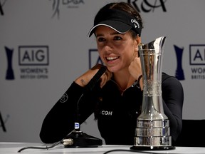 Georgia Hall of England talking to the press during the pro-am event prior to the AIG Women's British Open at Woburn Golf Club on July 30, 2019 in Woburn, England. (Ross Kinnaird/Getty Images)