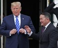 U.S. President Donald Trump welcomes Mongolian President Battulga Khaltmaa to the White House July 31, 2019 in Washington, DC. Khaltmaa, who traveled to the White House to seek trade and military deals with the United States, also symbolically gifted a horse to Trump's son, Barron. Trump said the horse will be named "Victory."