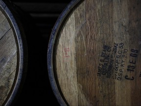 Barrels of bourbon aged inside a warehouse at the Jim Beam Bourbon Distillery on January 13, 2014 in Clermont, Ky. (Luke Sharrett/Getty Images)