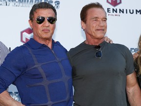 Sylvester Stallone, left, and Arnold Schwarzenegger attend "The Expendables 3" photocall during the 67th Annual Cannes Film Festival on May 18, 2014 in Cannes, France.  (Andreas Rentz/Getty Images)