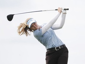 Brooke Henderson tees off on the 11th hole during the second round of the KPMG Women's PGA Championship at Hazeltine National Golf Club.