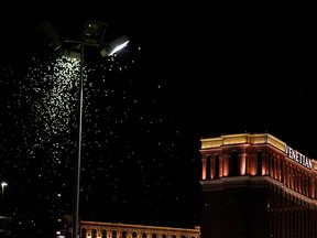 Grasshoppers swarm a light a few blocks off the Strip on July 26, 2019 in Las Vegas.