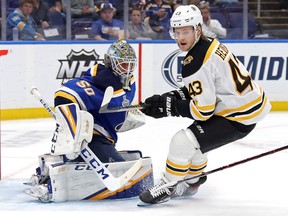 Jordan Binnington of the St. Louis Blues tends goal against Danton Heinen of the Boston Bruins at Enterprise Center on June 9, 2019 in St Louis. (Bruce Bennett/Getty Images)