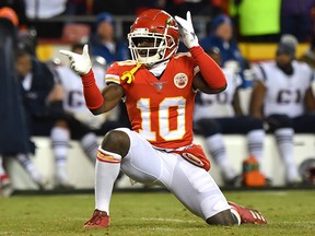 Tyreek Hill of the Kansas City Chiefs reacts after a catch in the second quarter against the New England Patriots during the AFC Championship Game at Arrowhead Stadium on Jan. 20, 2019 in Kansas City, Mo.