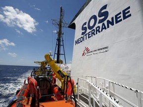This file photo taken on June 26, 2018, shows a rigid inflatable boat at the Aquarius rescue vessel, chartered by French NGO SOS-Mediterranee and Doctors Without Borders (MSF) in the open sea, some 46 km south of Lampedusa, Italy.