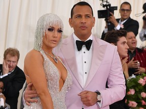 Jennifer Lopez and Alex Rodriguez arrive for the 2019 Met Gala at the Metropolitan Museum of Art on May 6, 2019, in New York.