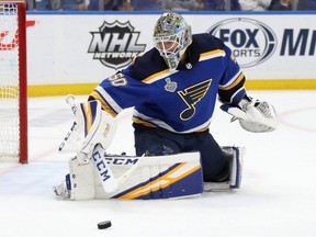 Blues goalie Jordan Binnington stops a shot against the Bruins during Game 6 of the Stanley Cup Final at Enterprise Center in St Louis on June 9, 2019.