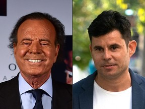 This combination of pictures created on July 10, 2019 shows a file photo taken on Sept. 23, 2015 of Spanish singer Julio Iglesias in Mexico City and a file photo taken on July 4, 2019 of Javier Sanchez Santos in Valencia.