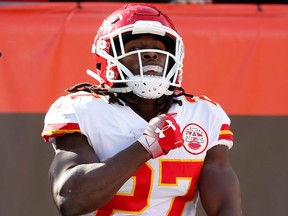Kareem Hunt celebrates a touchdown while playing with the Chiefs against the Browns at FirstEnergy Stadium in Cleveland on Nov. 4, 2018.