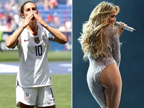 Carli Lloyd (L) and Jennifer Lopez are seen in file photos
