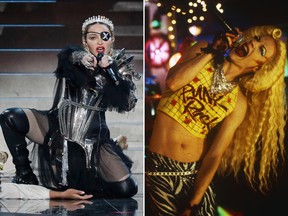 Madonna (L) performs live on stage after the 64th annual Eurovision Song Contest held at Tel Aviv Fairgrounds on May 18, 2019 in Tel Aviv, Israel. John Cameron Mitchell (R) is seen in "Hedwig and the Angry Inch."