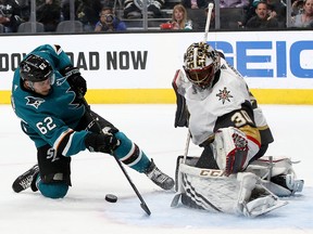 Malcolm Subban of the Vegas Golden Knights blocks a shot by Kevin Labanc of the San Jose Sharks at SAP Center on March 18, 2019 in San Jose. (Ezra Shaw/Getty Images)