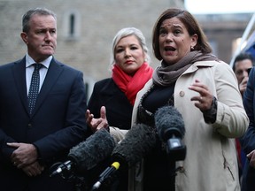 Sinn Fein leader Mary Lou McDonald speaks with journalists ahead of a meeting with Britain's Prime Minister Theresa May, on October 15, 2018 in London.  (Dan Kitwood/Getty Images)