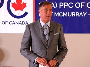 Maxime Bernier, leader of the People's Party of Canada, speaks during a party event in Fort McMurray, Alta., on July 9, 2019.